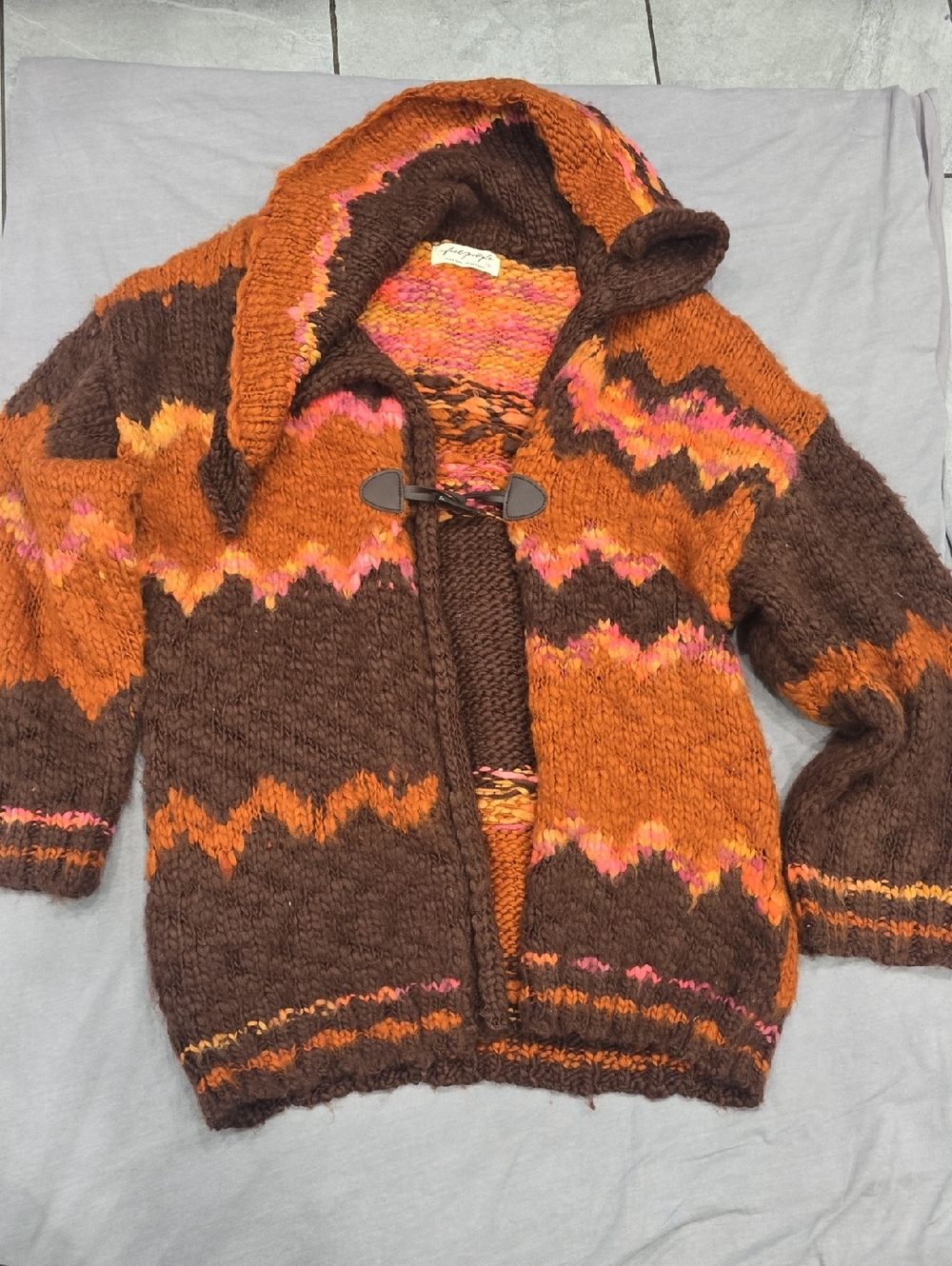 Free People Brown & Orange Hooded Knit Jacket with Pink Accents( Small Damage )